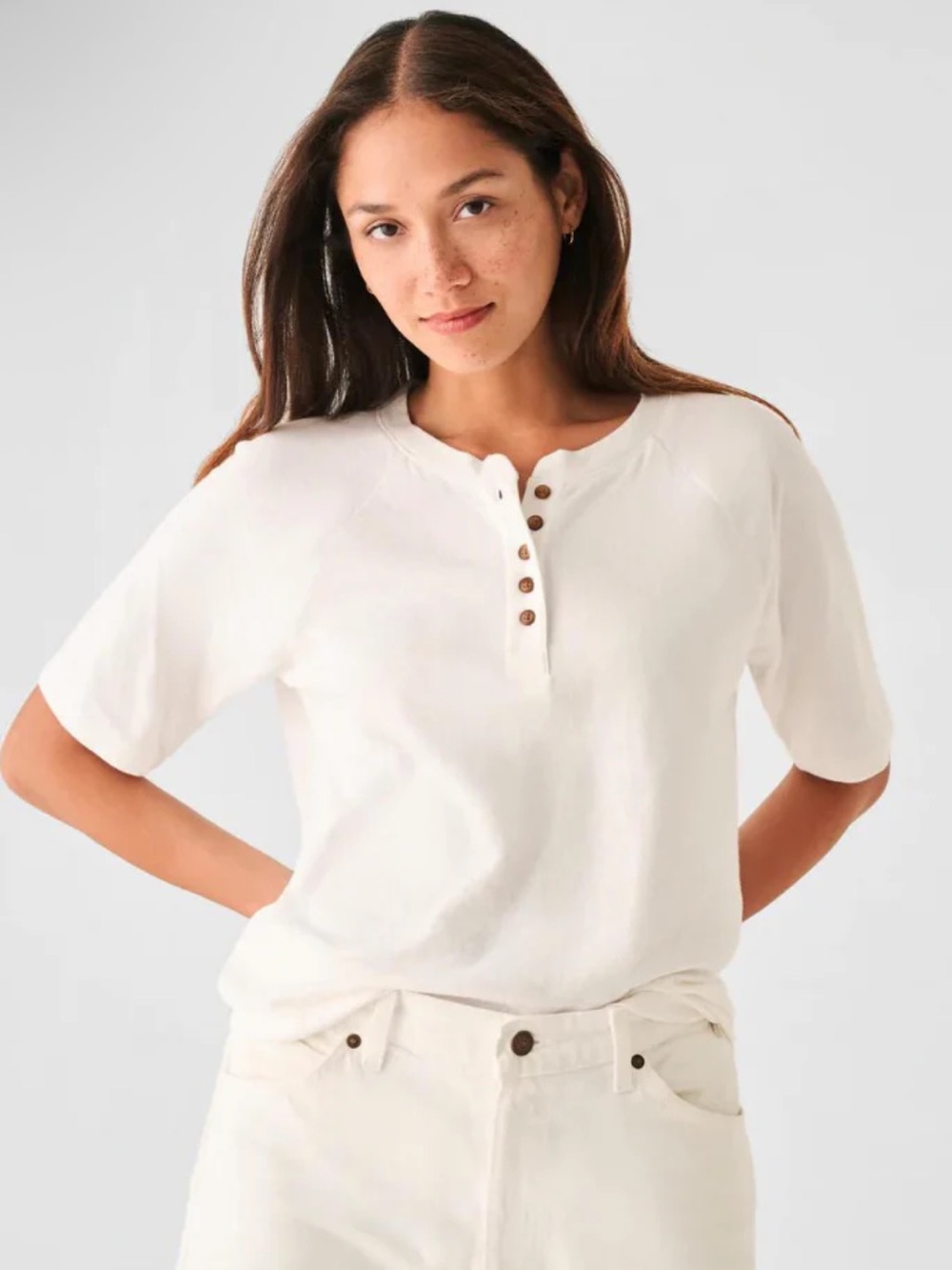 Faherty White Short-Sleeve Henley with Button Placket